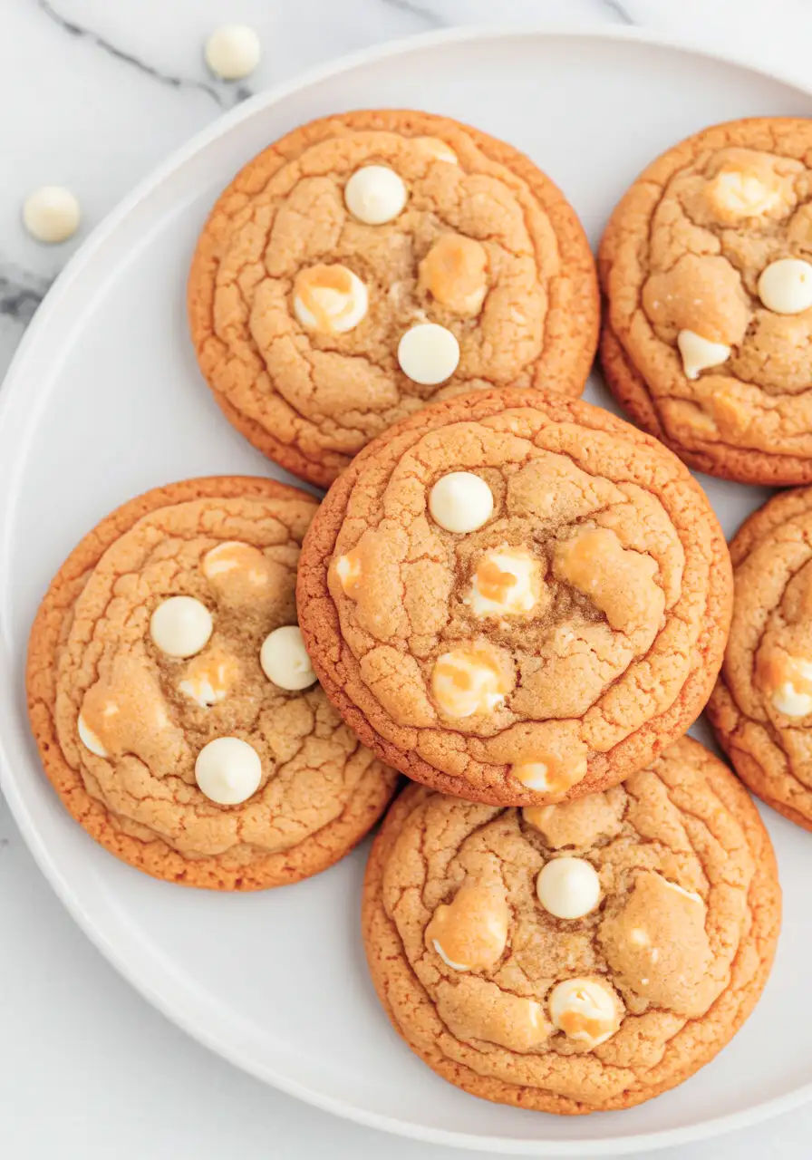 Orange creamsicle cookies placed on a white plate against a white marble surface.
