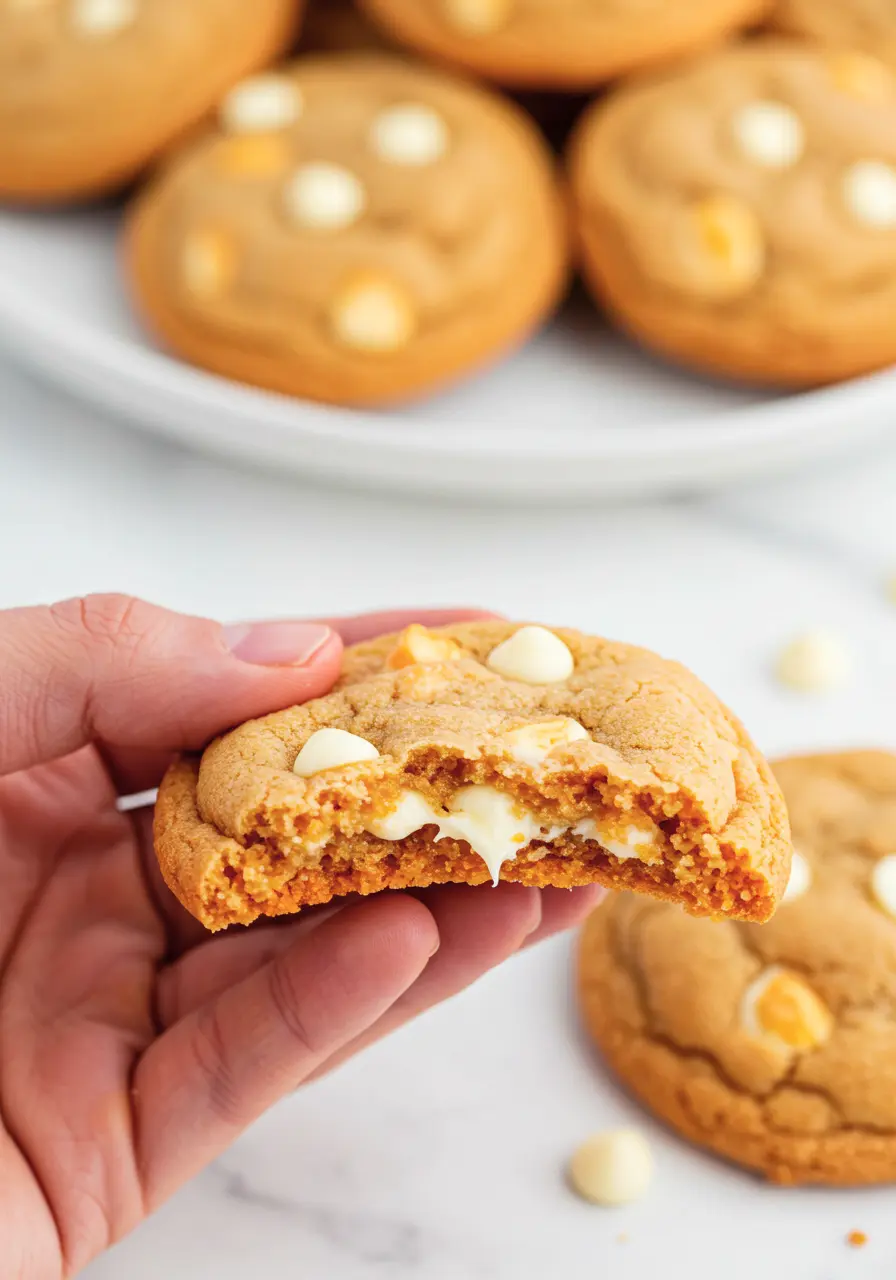 A hand holding half of an orange creamsicle cookie.