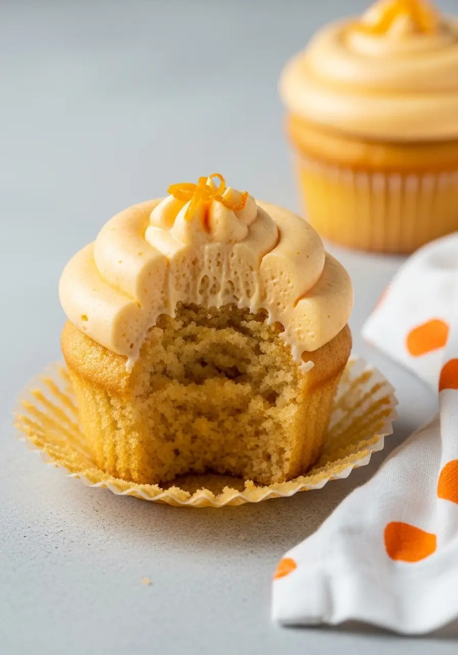 Orange cupcake with a bite missing on a gray surface.