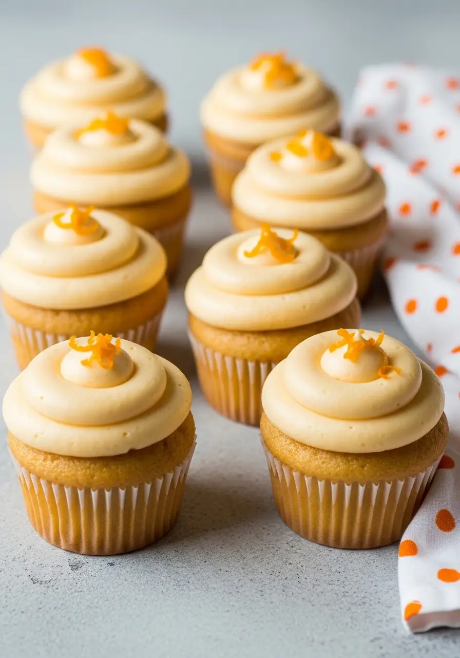 Orange cupcakes with orange buttercream on a gray surface.