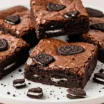 Oreo brownies on a white plate against a light pink surface.