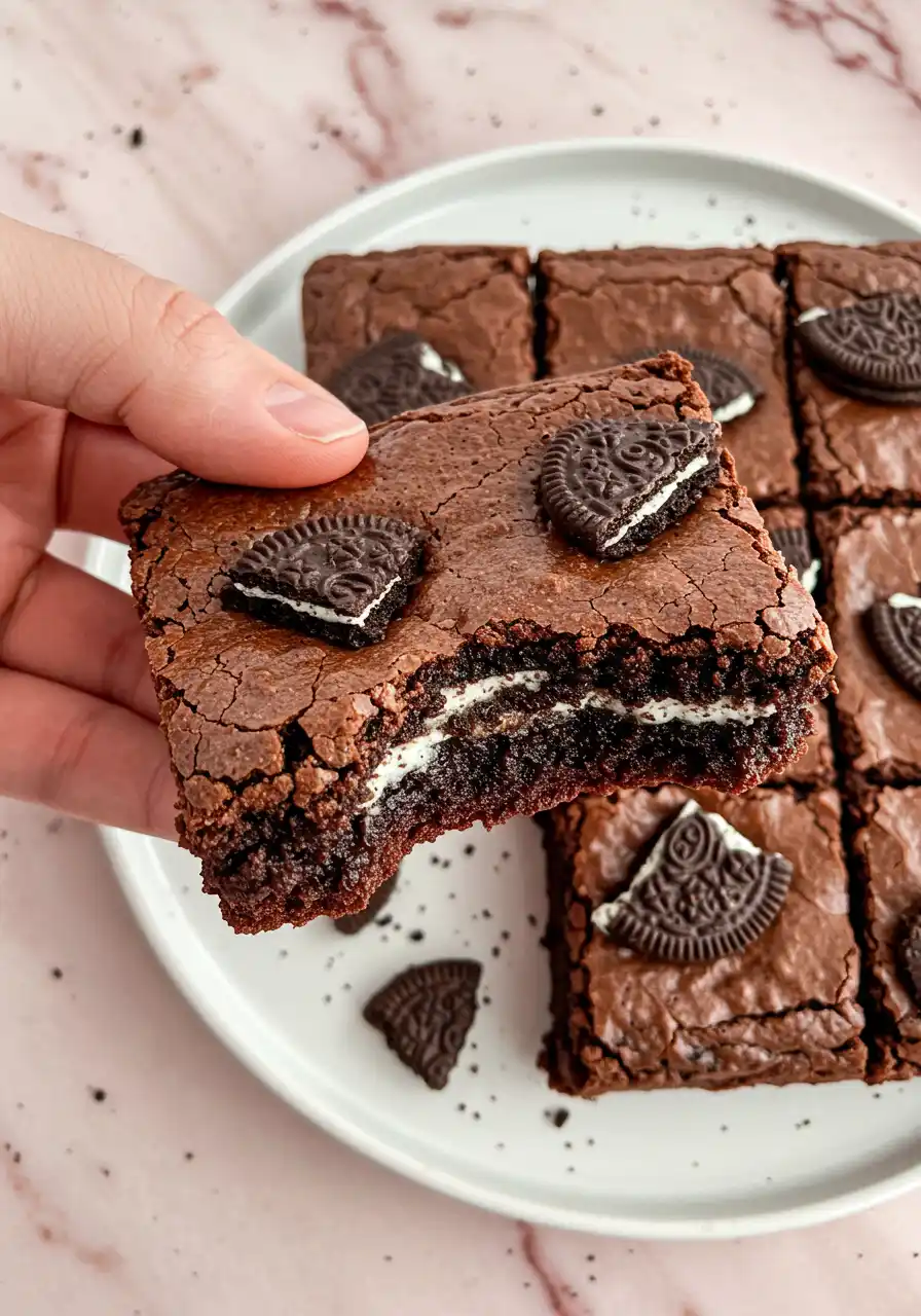 A hand gently holding a single Oreo brownie.