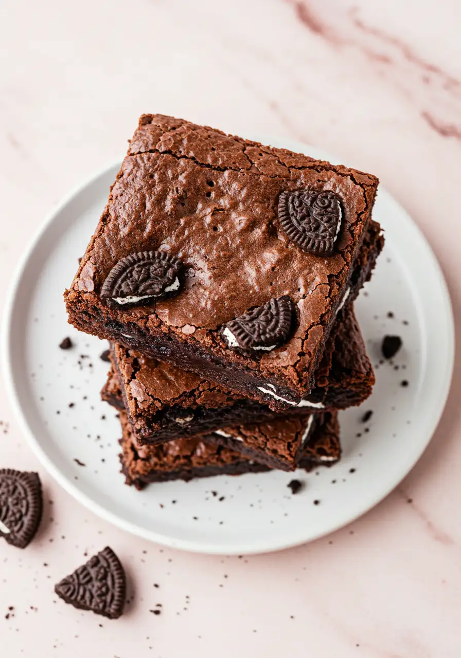 A stack of Oreo brownies on a white plate against a light pink surface.