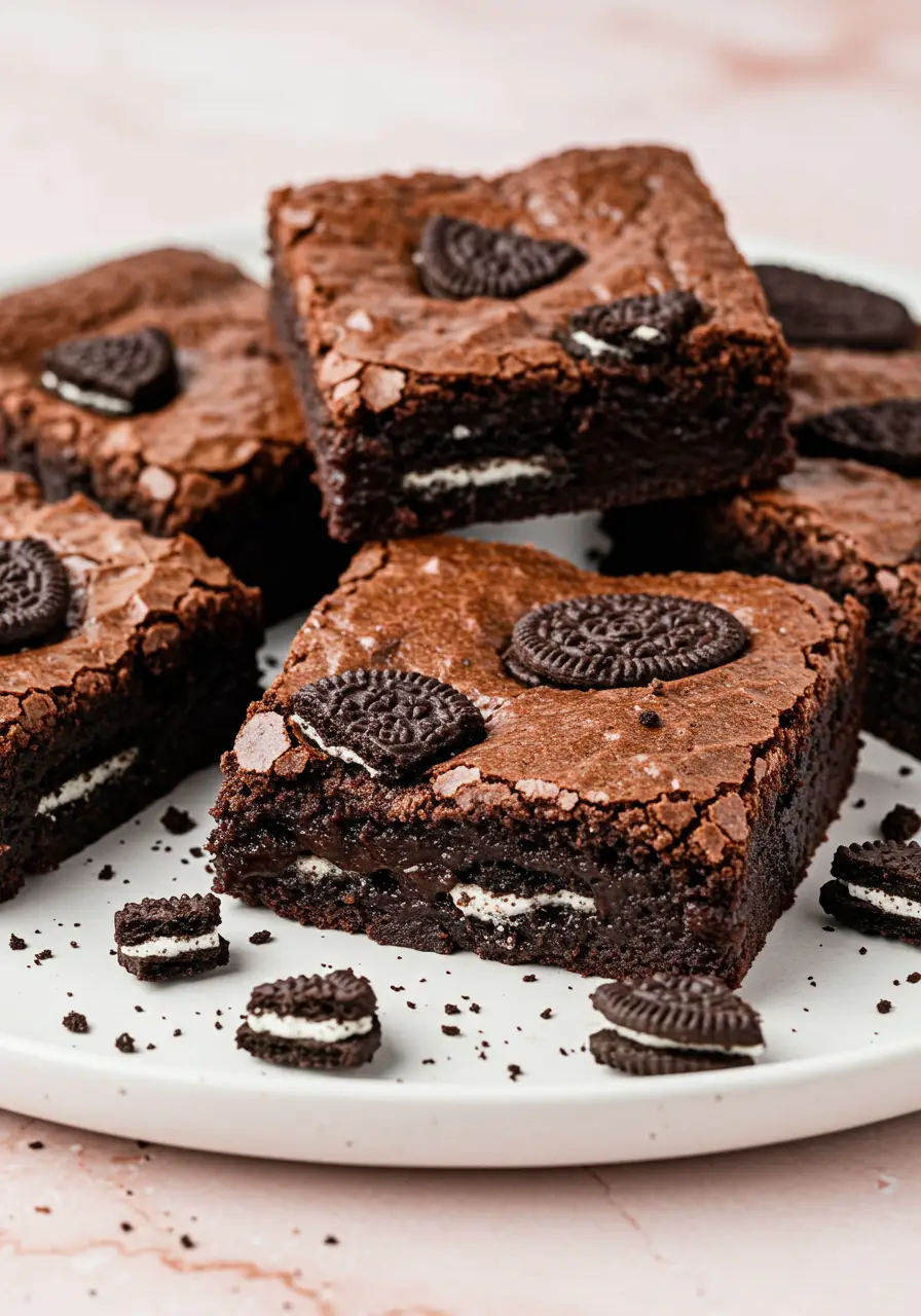 Oreo brownies on a white plate against a light pink surface.