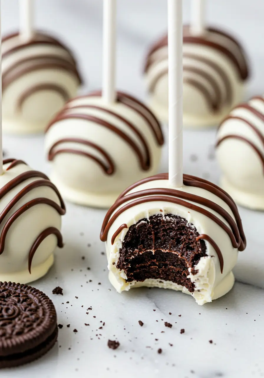 Oreo cake pops on a white marble surface and one pop has a bite taken out of it.