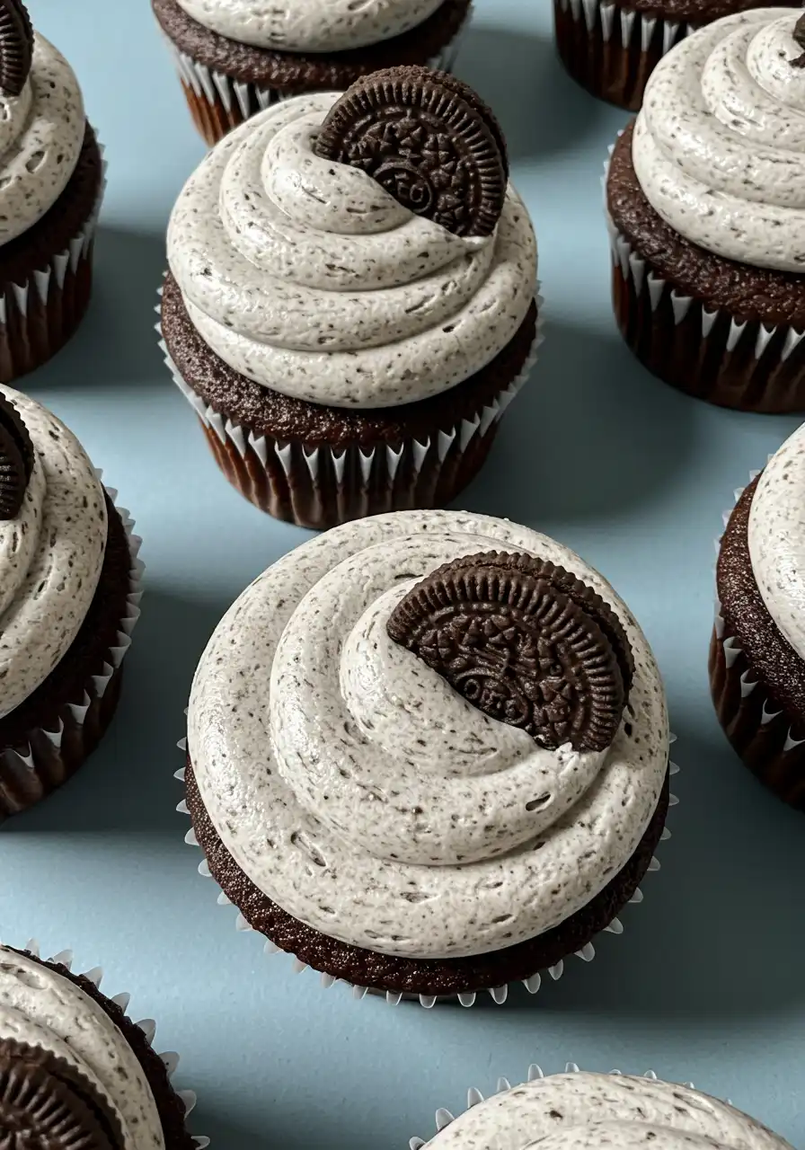 Oreo cupcakes on a light blue surface.