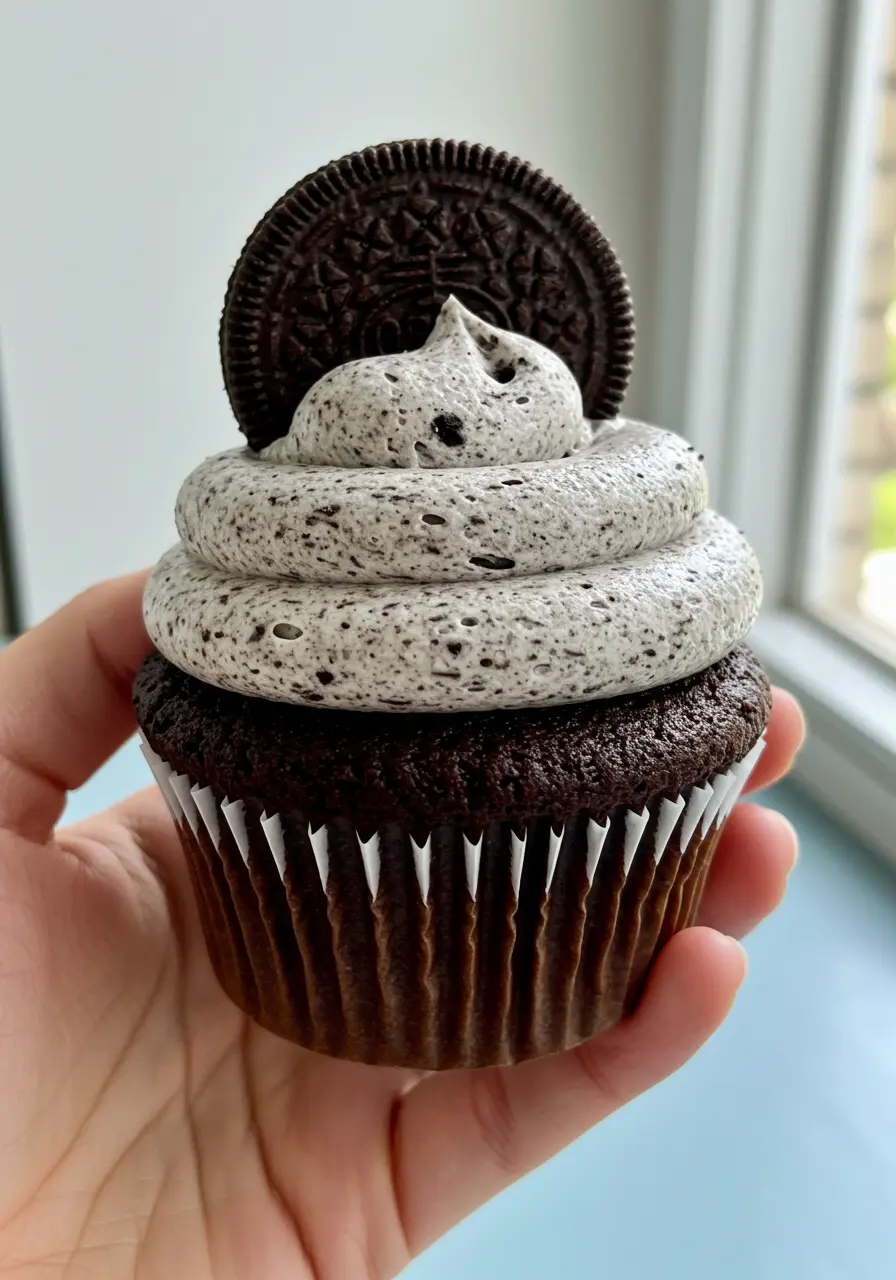 A hand holding an Oreo Cupcake.