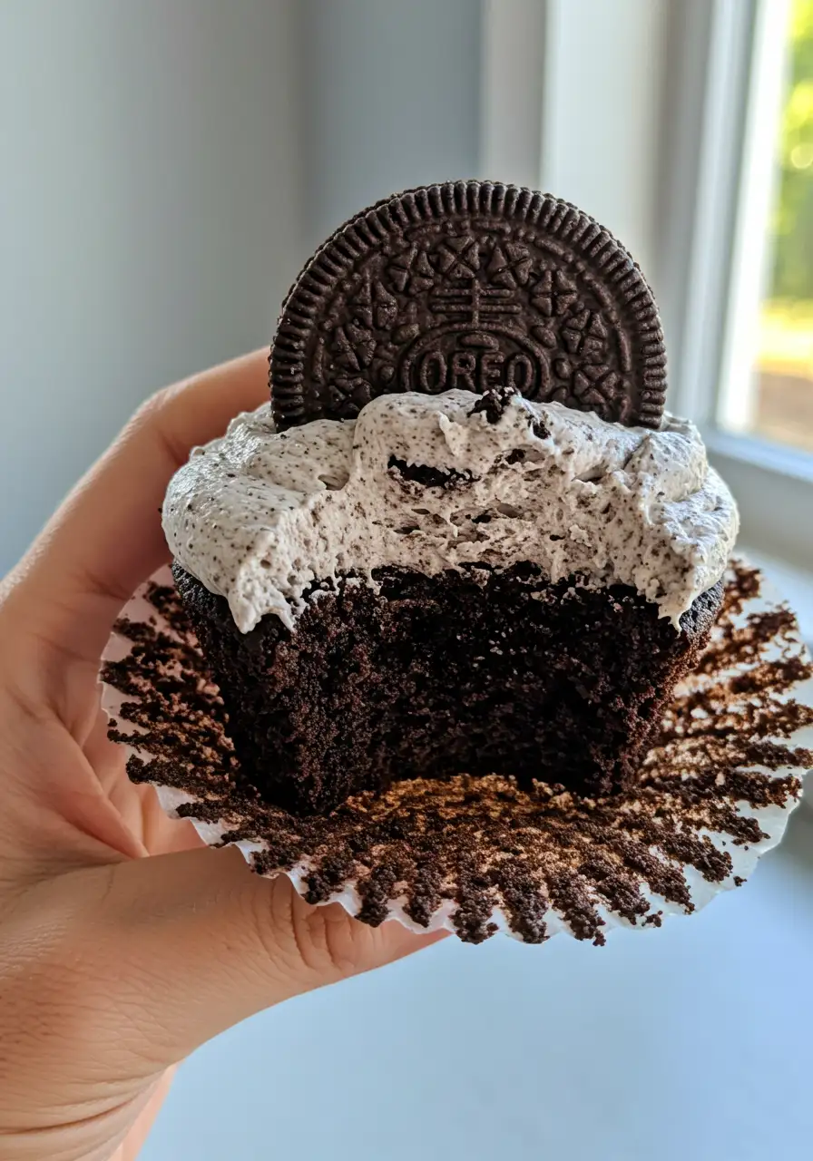 A hand holding an Oreo Cupcake with a bite taken out of it.