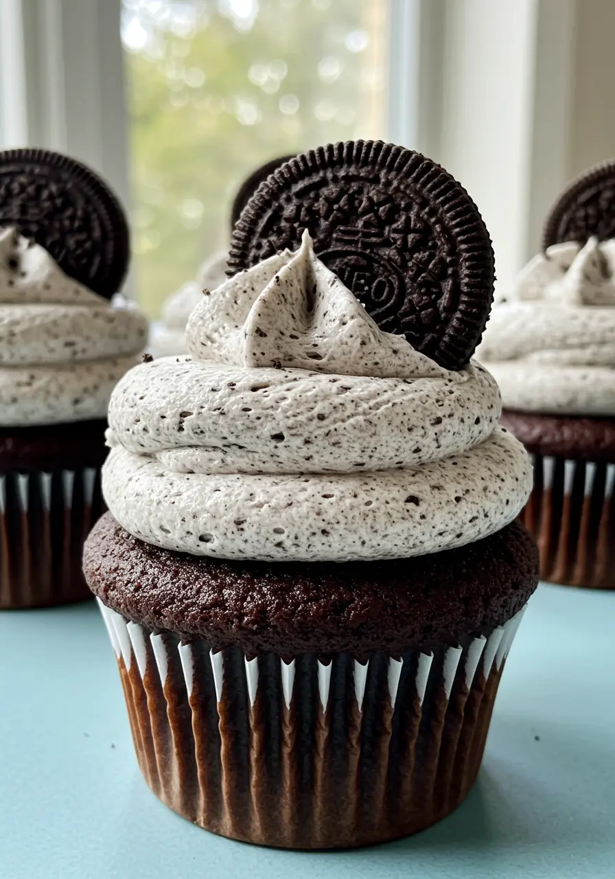 Oreo cupcakes placed on a light blue surface.
