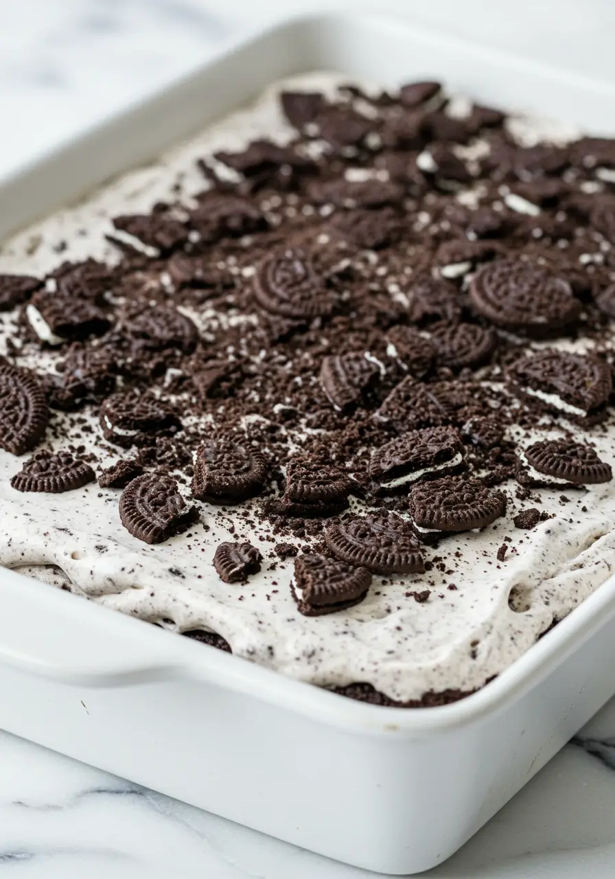 Oreo ice cream cake in a white baking dish.