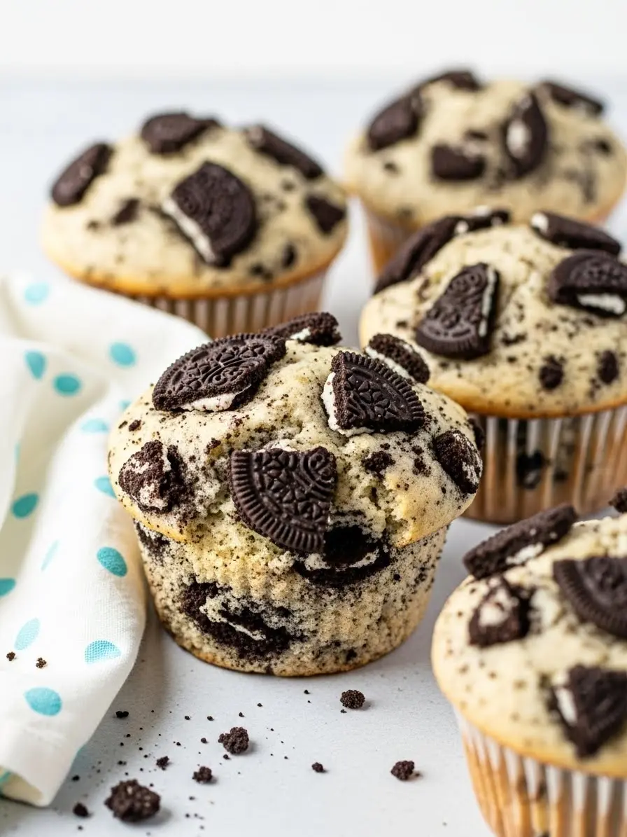 Oreo muffins and white napkin beside them.