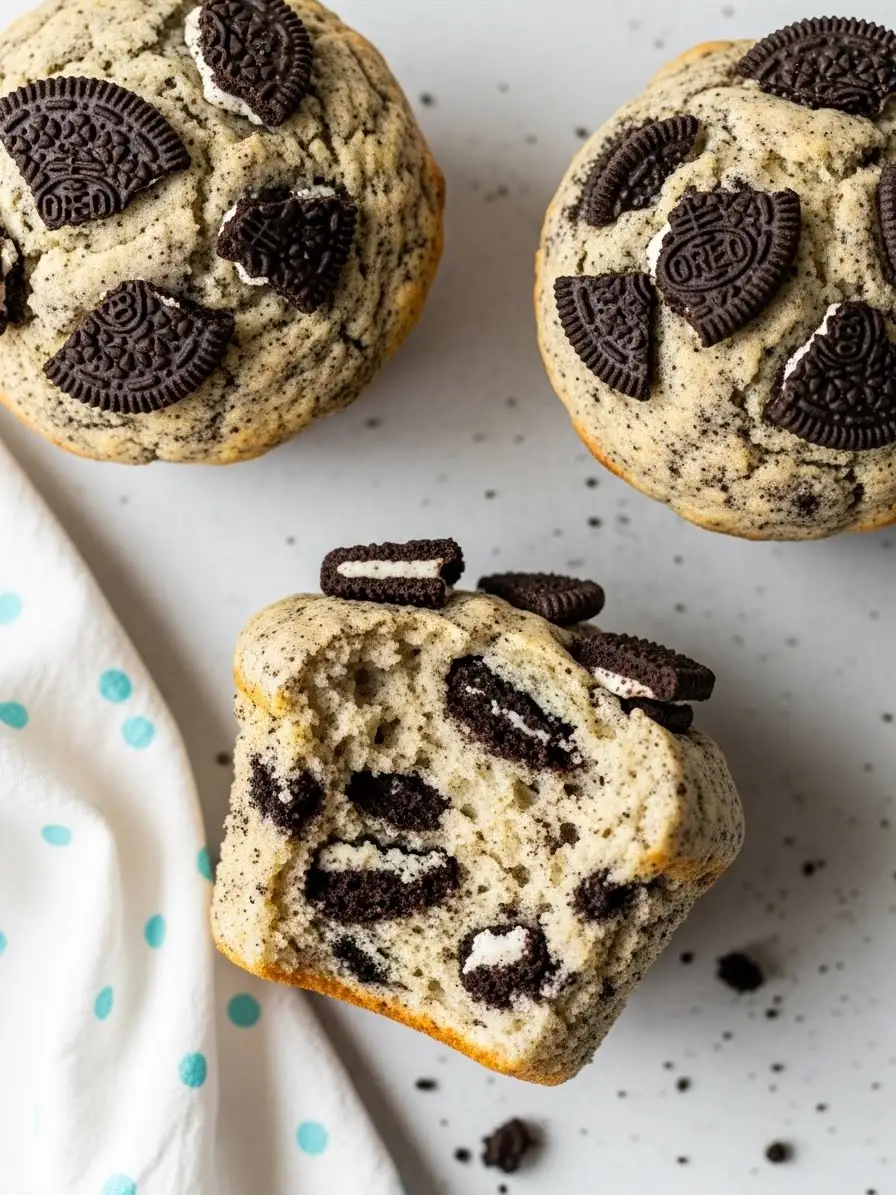 Oreo muffins on a light gray surface, and one bite missing form one of them.