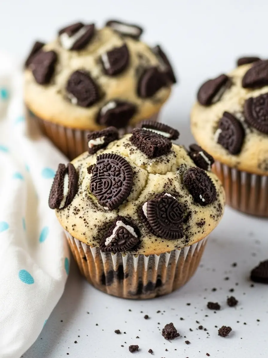 Oreo muffins on a light gray surface.