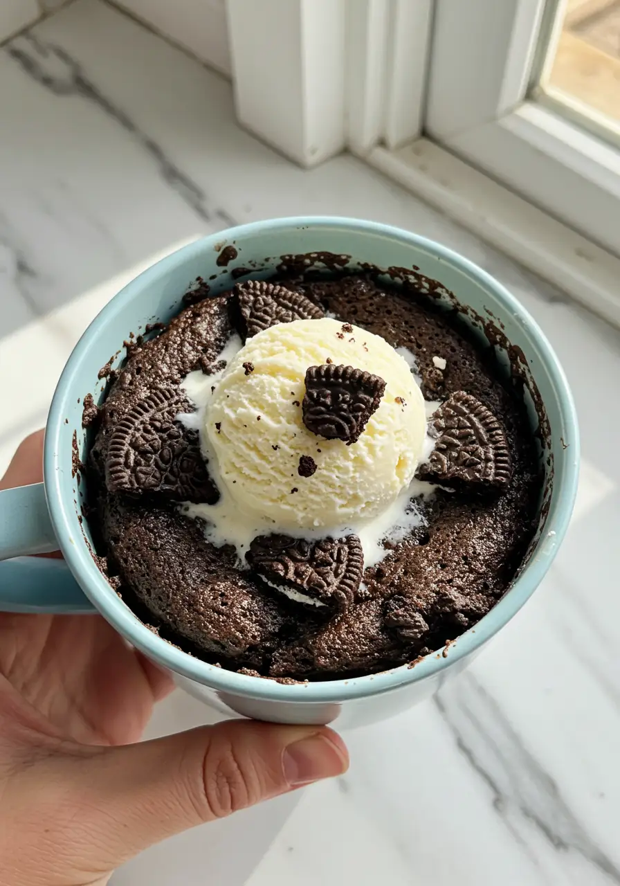 A hand holding an Oreo mug cake on a light blue mug with a scoop of vanilla ice cream on top.
