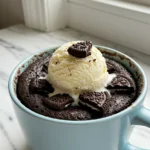 Oreo mug cake on a light blue mug against a white marble surface.