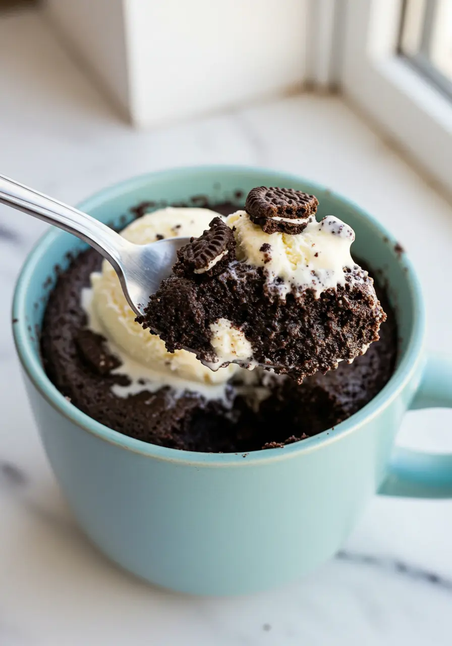 Oreo mug cake on a light blue mug against a white marble surface and a spoonful is taken of it.