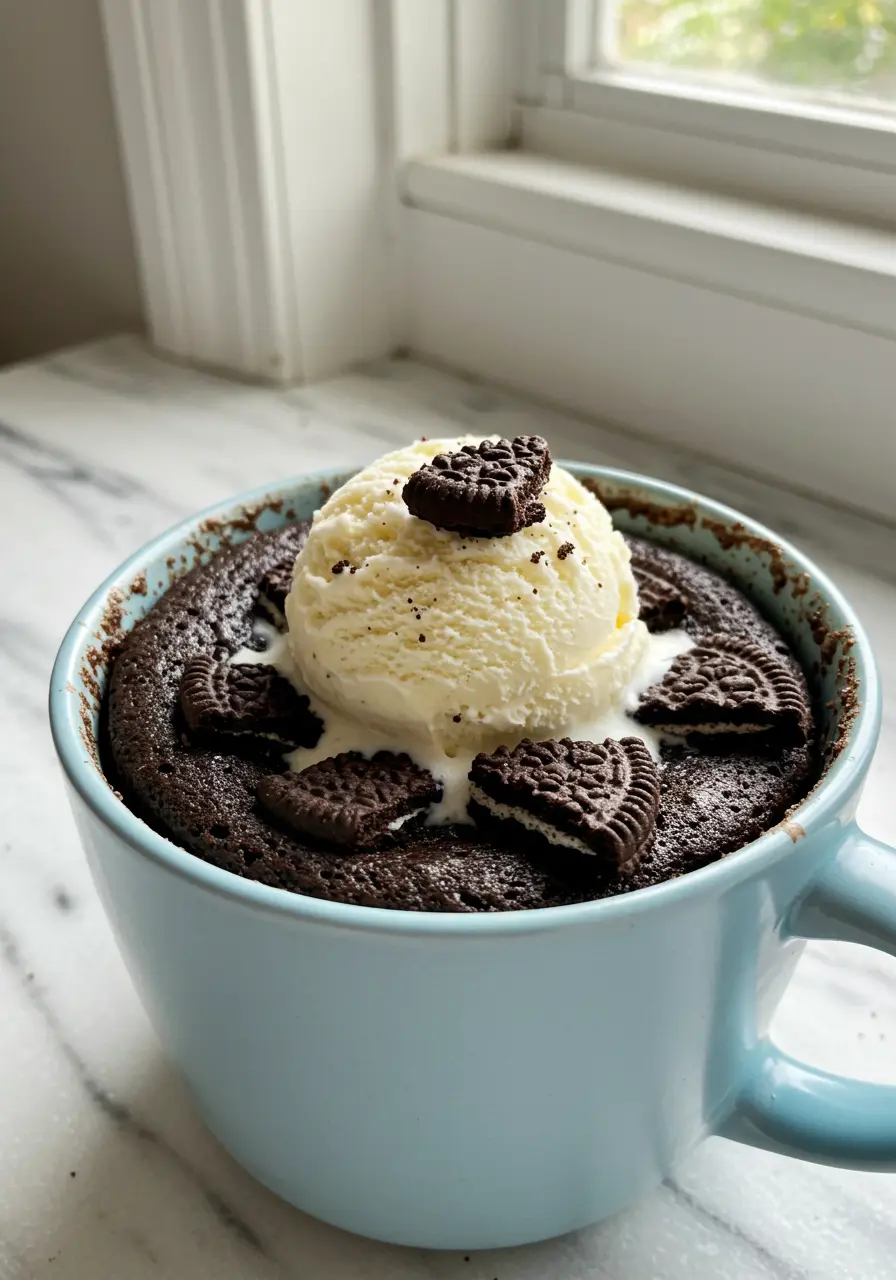 Oreo mug cake on a light blue mug against a white marble surface.