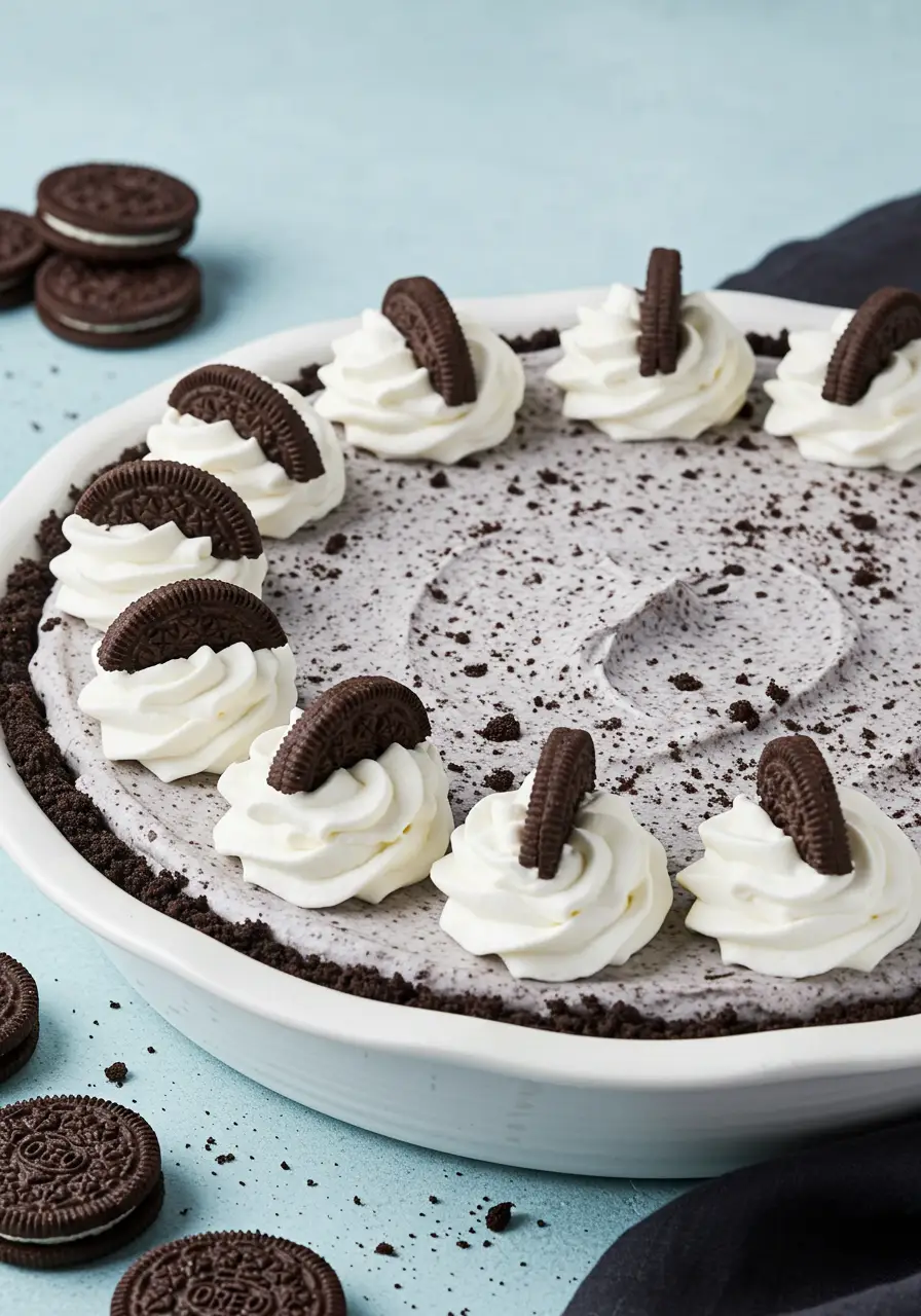 Oreo pie in a white pie dish against a light blue surface.