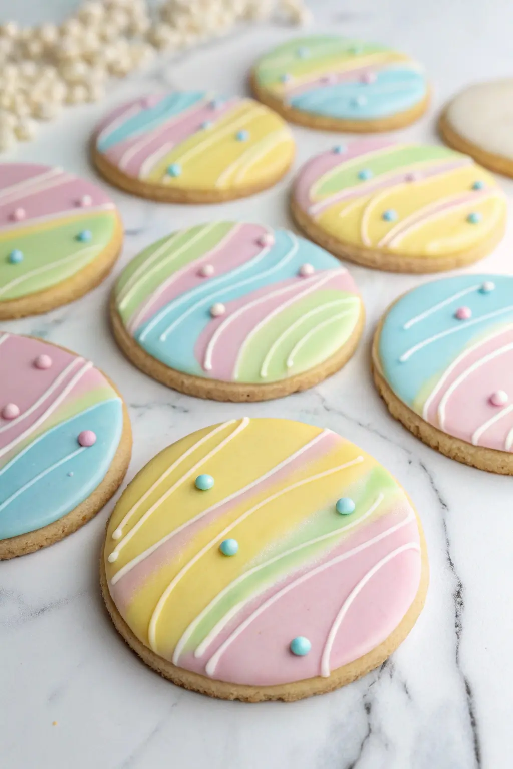Pastel Rainbow Easter Sugar Cookies on a white marble surface