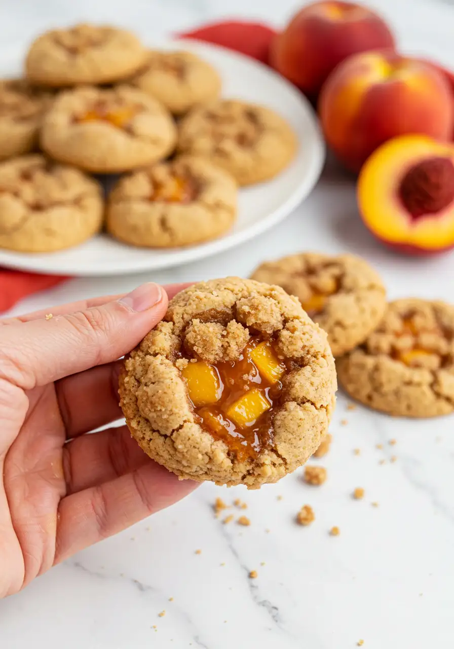 A hand holding a peach cobbler cookie with the rest of the cookies are showing in the background. 