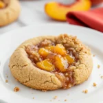 A single peach cobbler cookie on a white plate against a white marble surface.