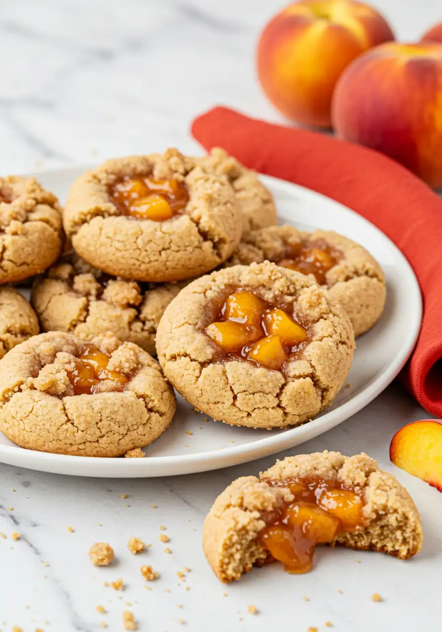 Peach cobbler cookies on a white plate against a white marble surface with a few fresh peaches and a red napkin around.