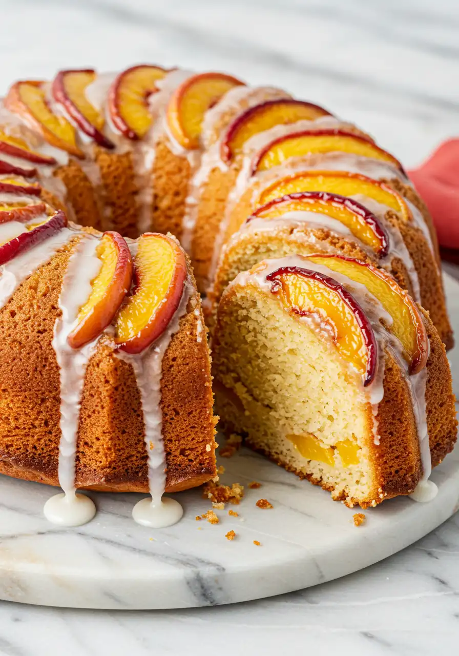 Peach cobbler pound cake on a white marble plate with a slice missing.