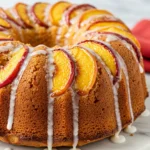 Peach cobbler pound cake on a white marble plate and a red napkin next to it.