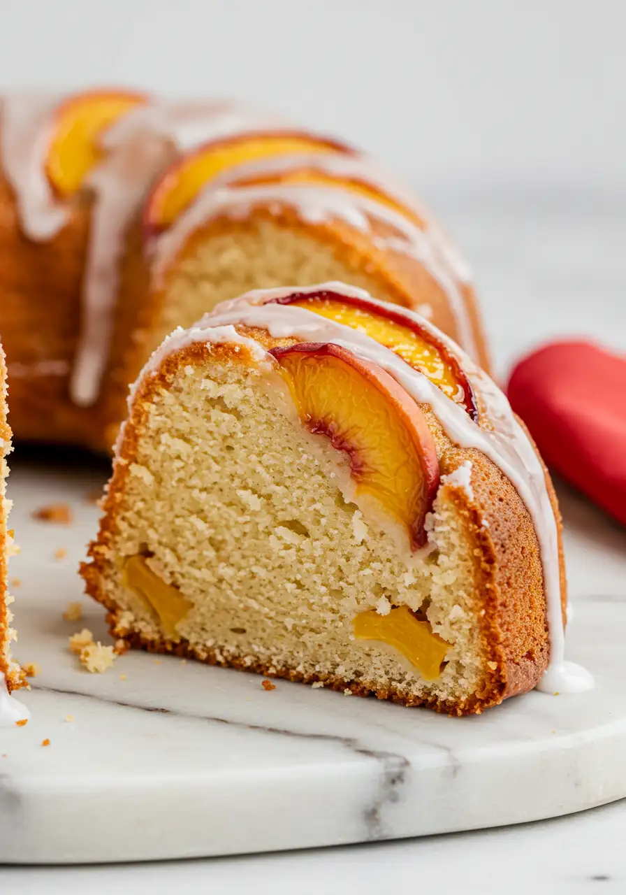 A slice of peach cobbler pound cake on a white marble plate.
