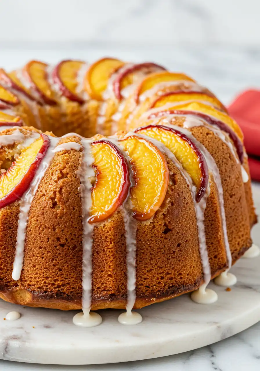 Peach cobbler pound cake on a white marble plate and a red napkin next to it.