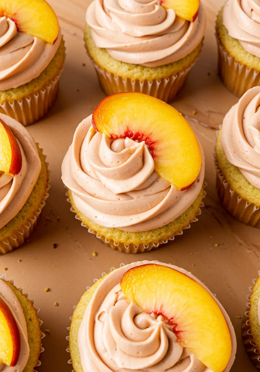 Peach cupcakes placed on a light orange surface topped with peach slices on top of the frosting.