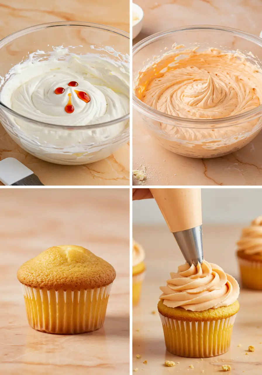 Steps of mixing the frosting and pipping it over the cupcake.