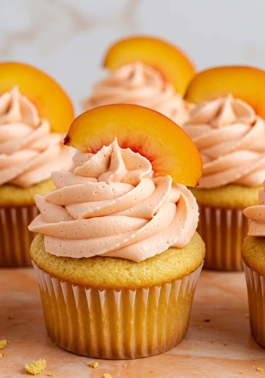 Peach cupcakes placed on a light orange surface.