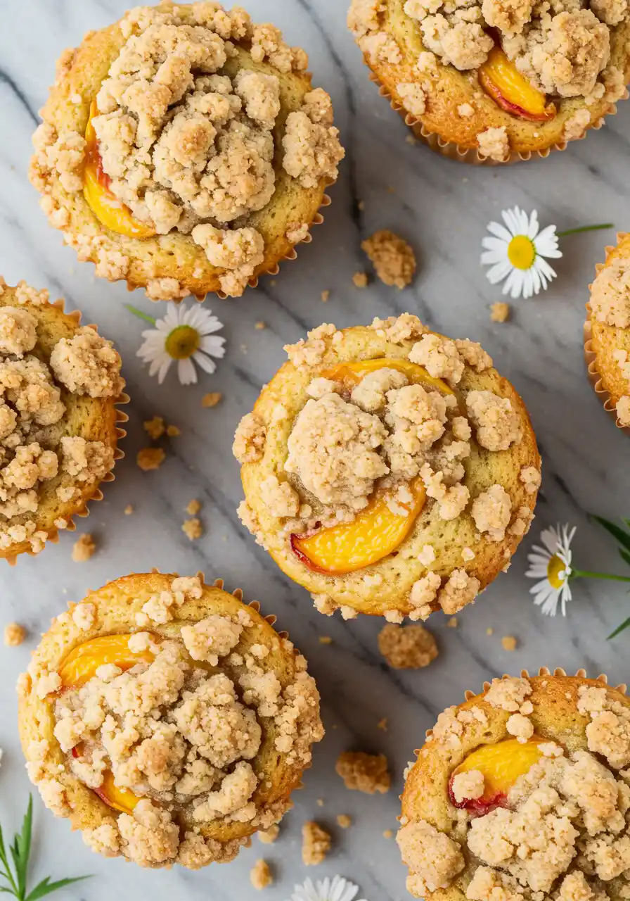 Peach muffins placed on a white marble surface.