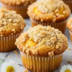 Peach muffins placed on a white marble surface and a few Marguerite flowers around them.