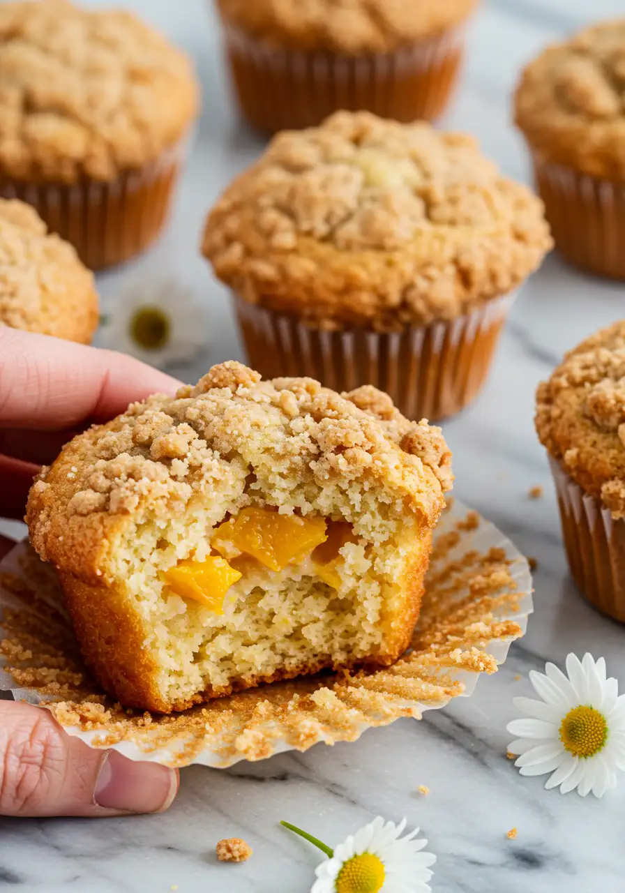 A hand holding one peach muffin with a bite taken out of it.