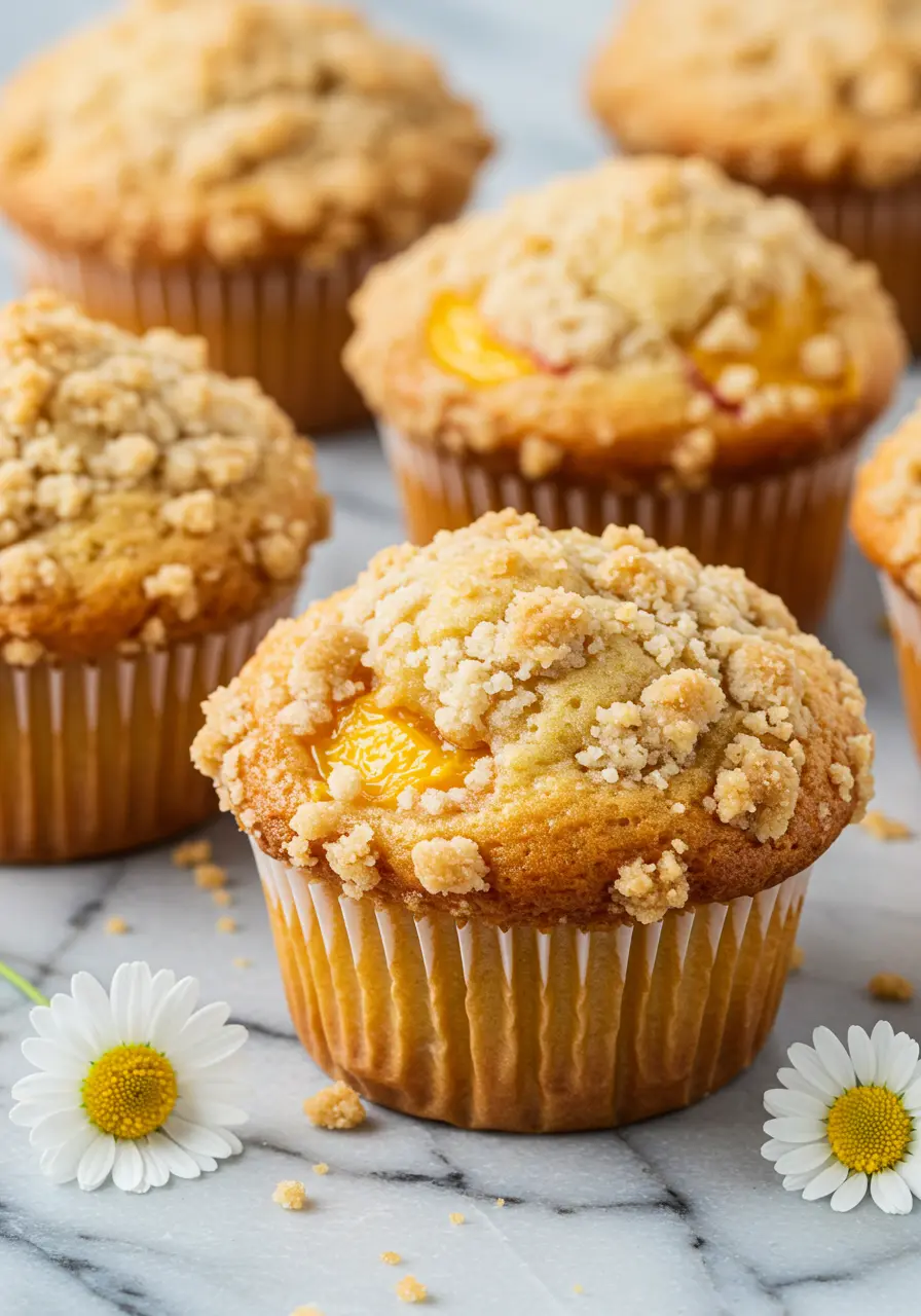 Peach muffins placed on a white marble surface and a few Marguerite flowers around them.