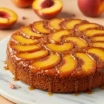 Peach upside down cake placed on a white marble plate against a light orange surface.