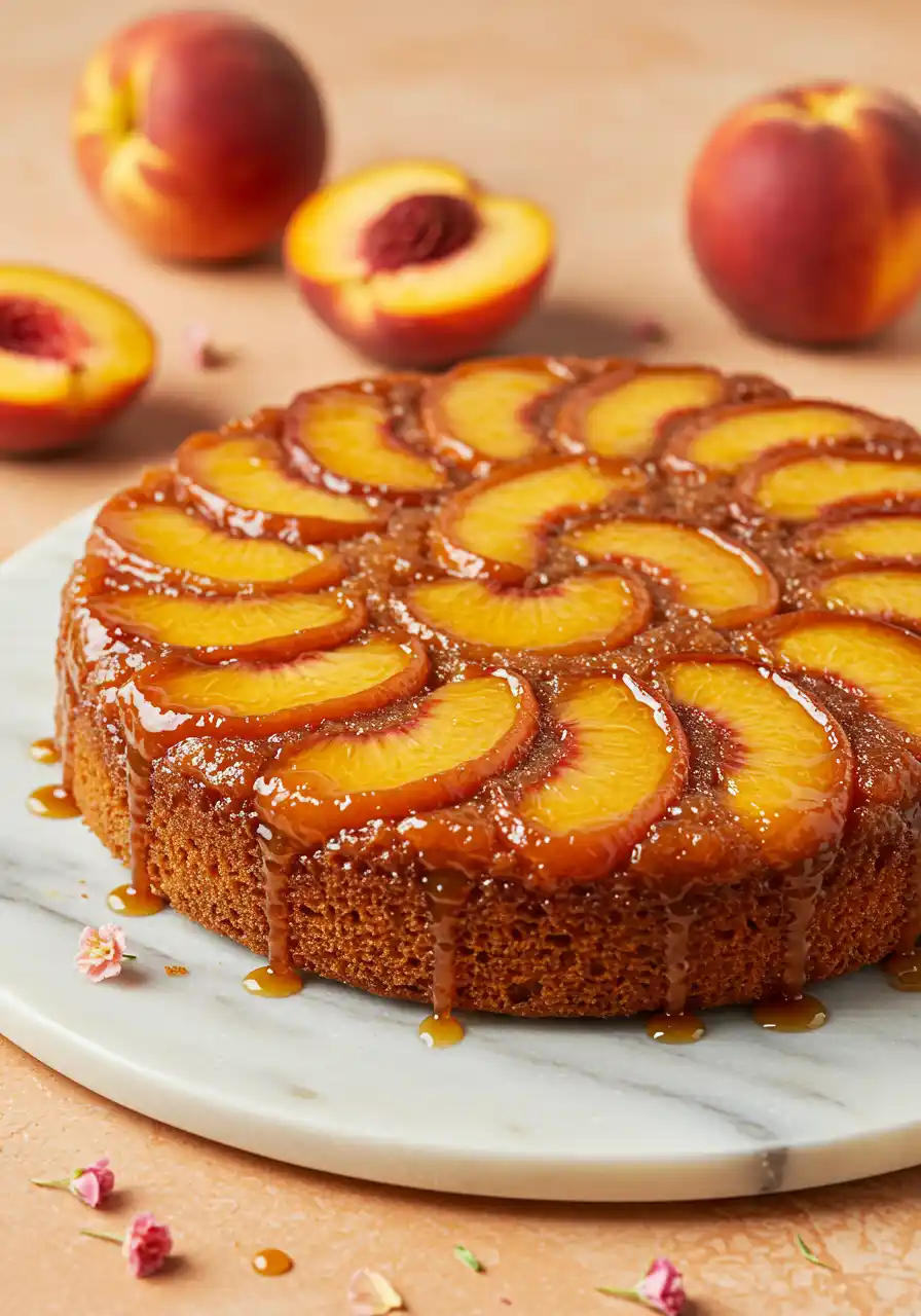 Peach upside down cake placed on a white marble plate against a light orange surface.