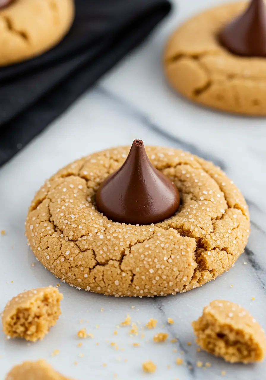 one peanut butter blossom on a countertop.