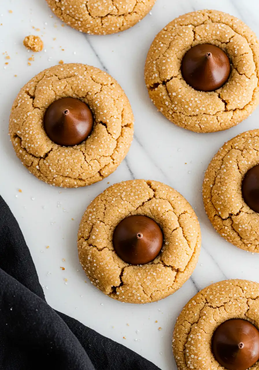 Peanut butter blossoms on a marble surface and a black napkin beside them.