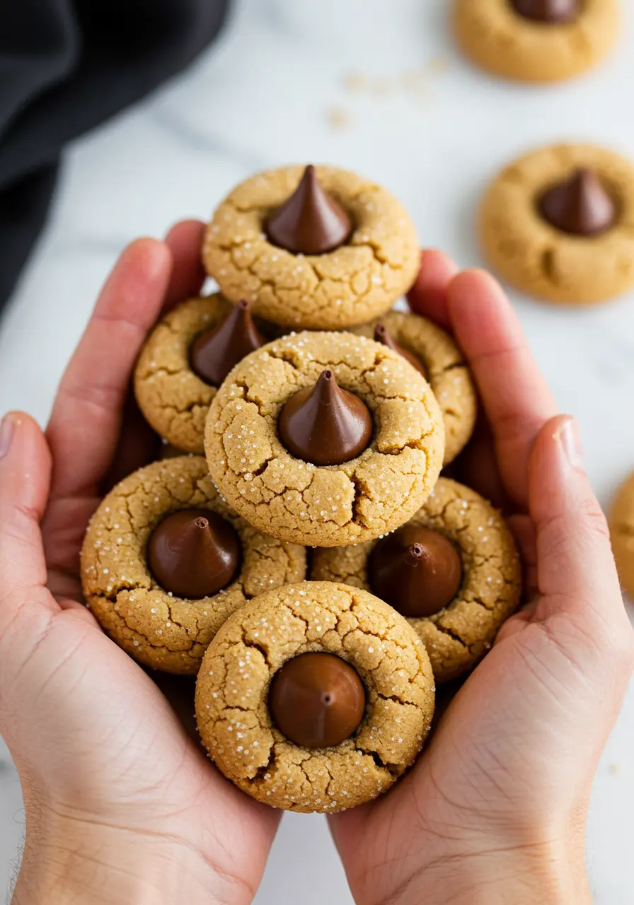 Two hands holding a pile of golden Peanut Butter Blossoms.