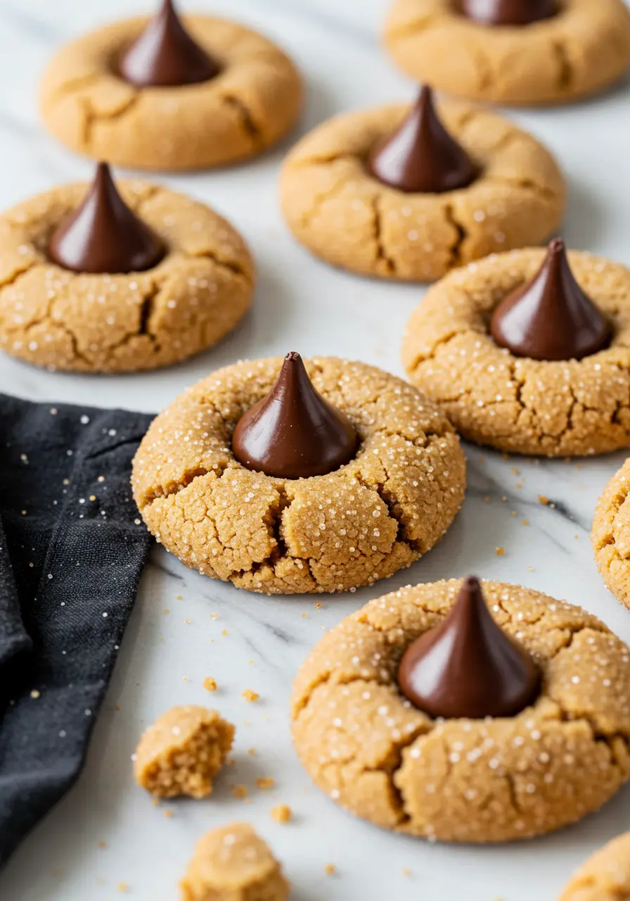 Peanut butter blossoms on a white marble surface.