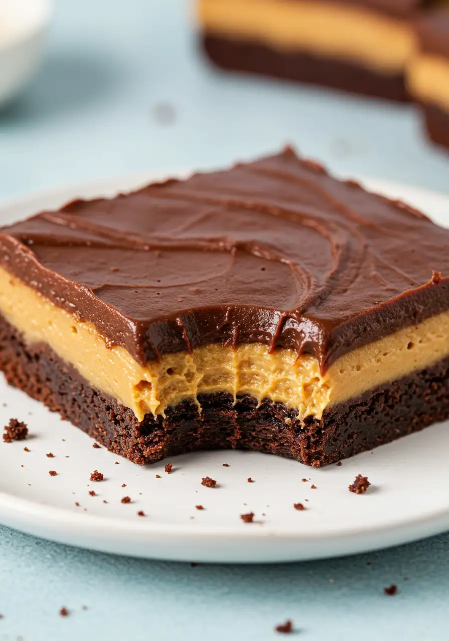 A peanut butter brownie on a white plate against a light blue backdrop, with a bite taken out of it.