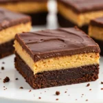 Peanut butter brownies arranged on a white plate set against a light blue background.