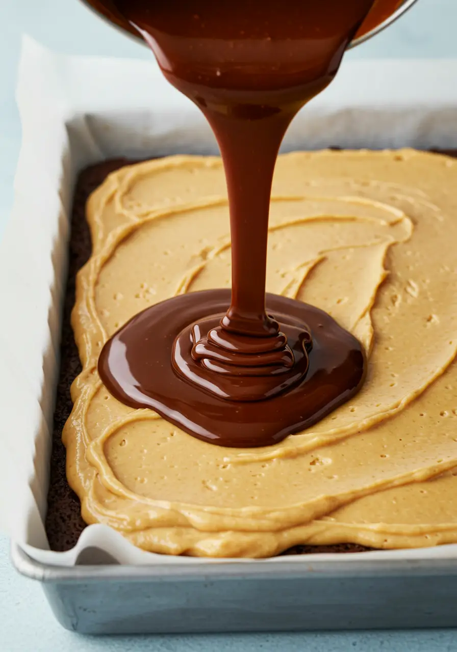 Peanut butter brownies in the baking pan, drizzled with chocolate ganache on top.