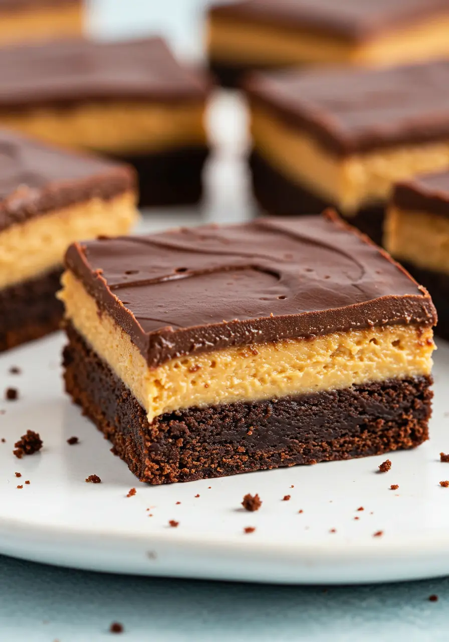 Peanut butter brownies arranged on a white plate set against a light blue background.