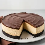 Peanut butter cheesecake with a slice missing on a large white plate.