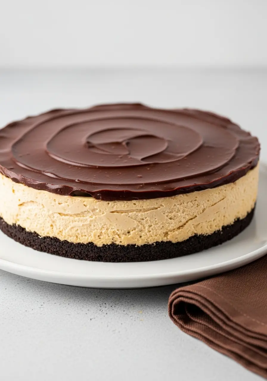 Peanut butter cheesecake with on a large white plate.