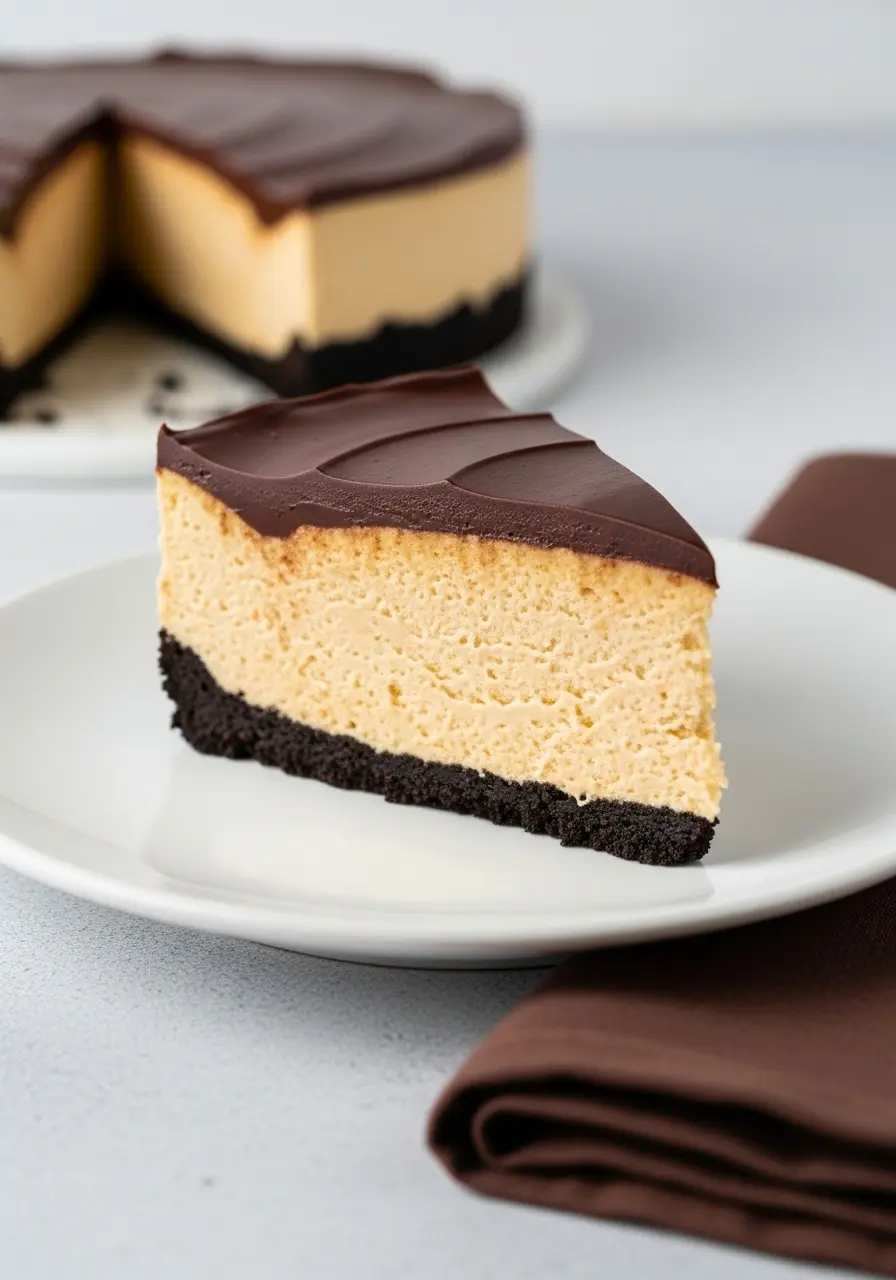 A slice of peanut butter cheesecake on a white plate.